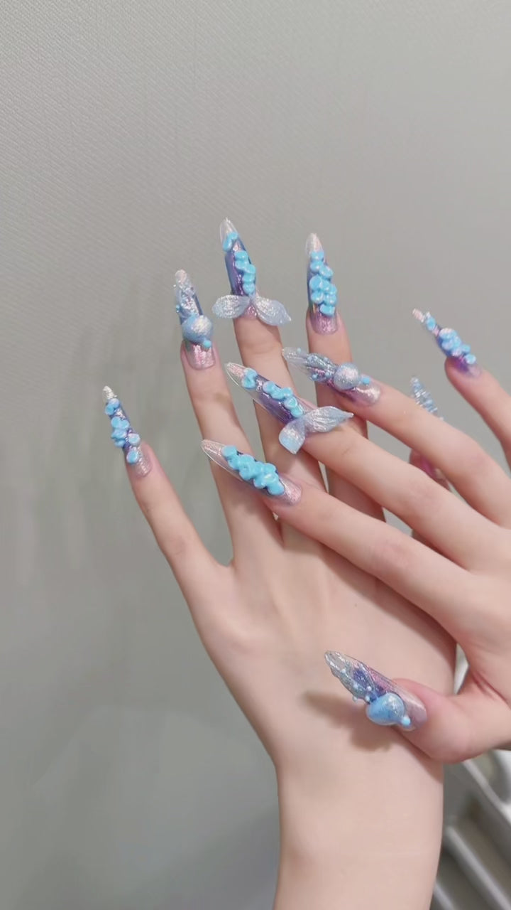 Blue Fantasy Mermaid Tail Wearable Nail Art for Beach Parties and Summer Events