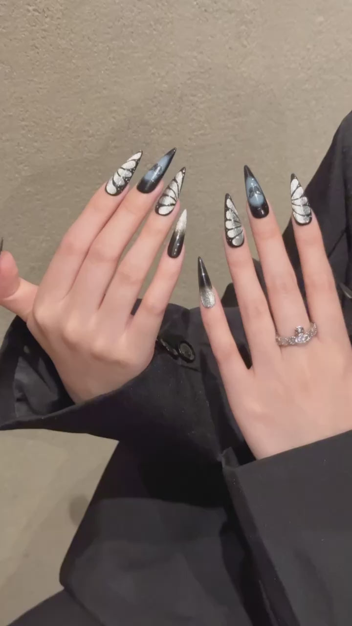 Black and silver dark - style party - ready art with butterfly designs nail