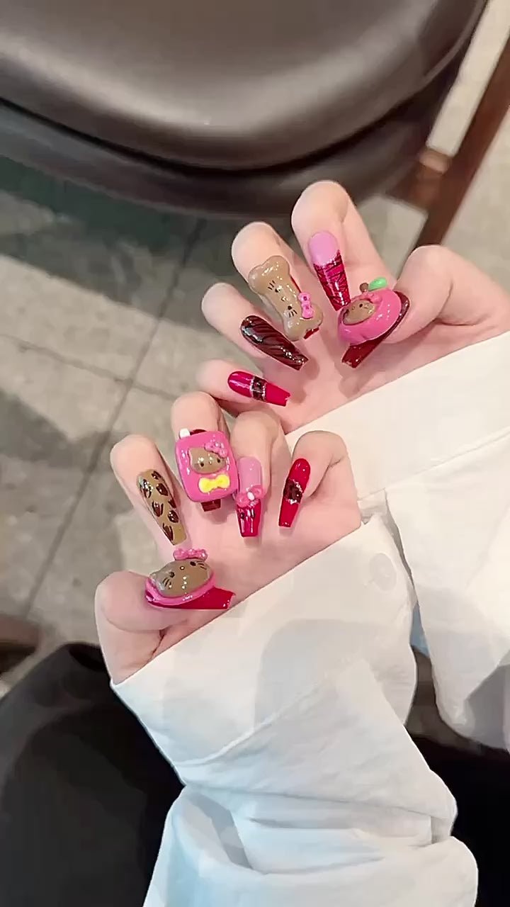 Pink & Brown Cute Style Party Wearable Nail Art