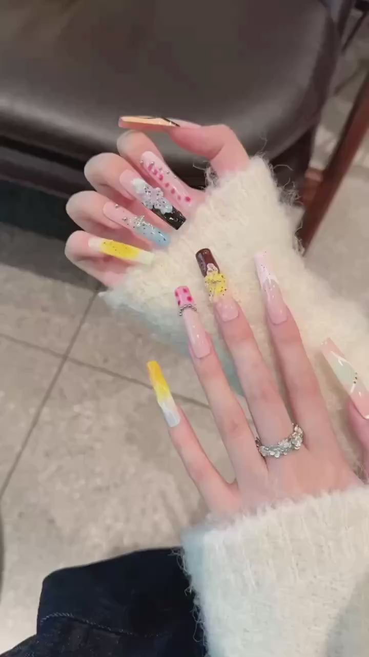 Summer flower style, with bright colors and long nails